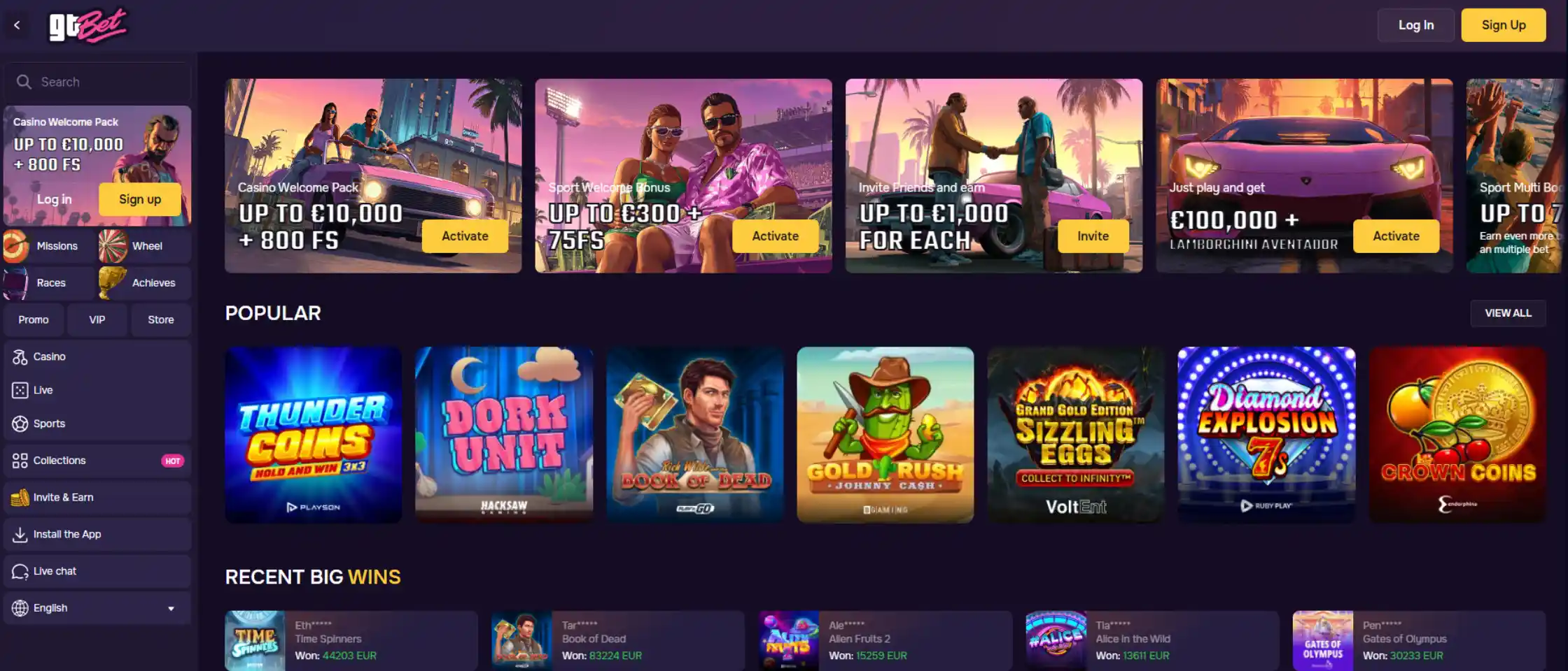 GT.bet casino homepage featuring welcome bonus offer