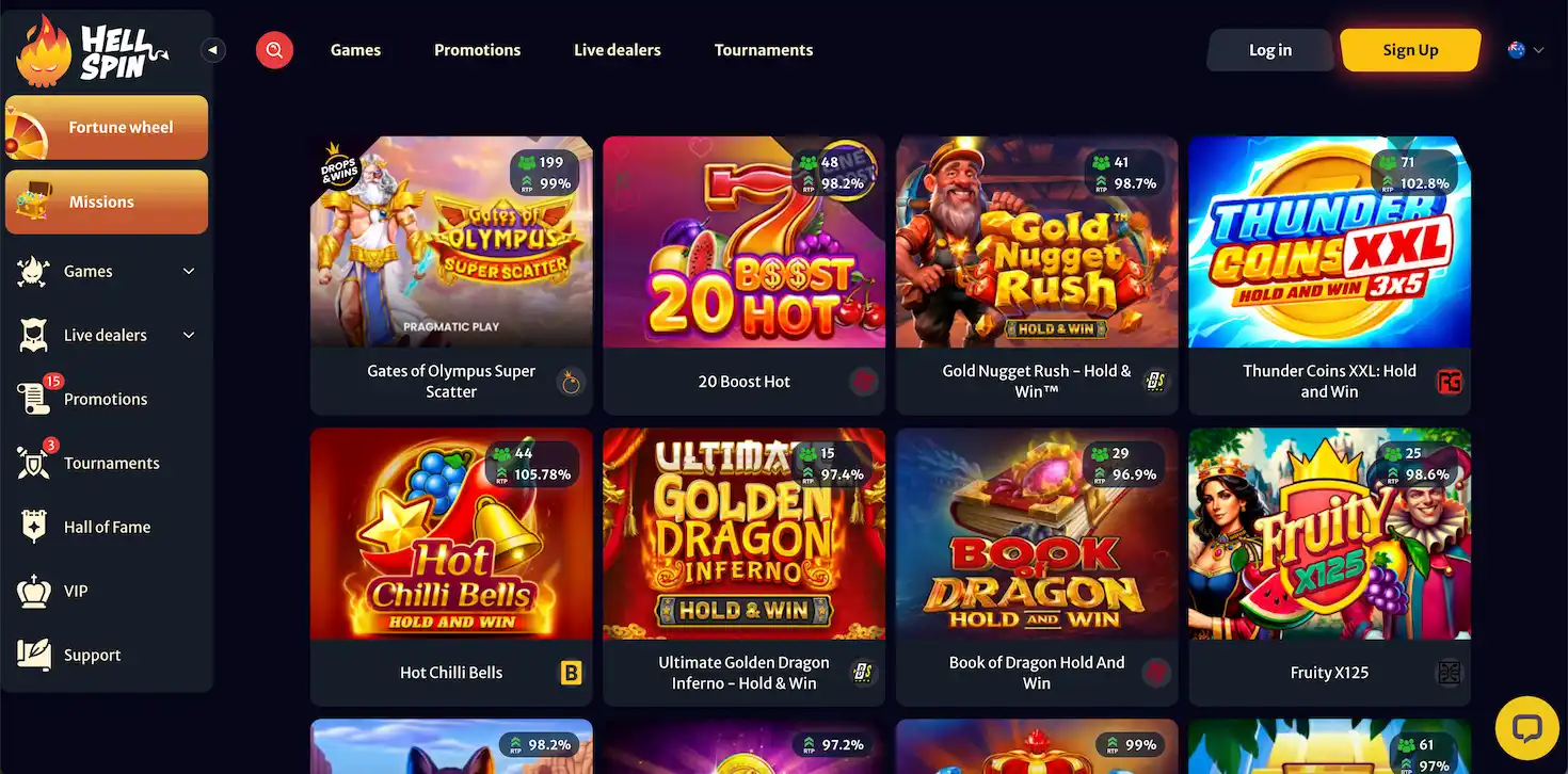 A screenshot of the game selection at HellSpin Casino.