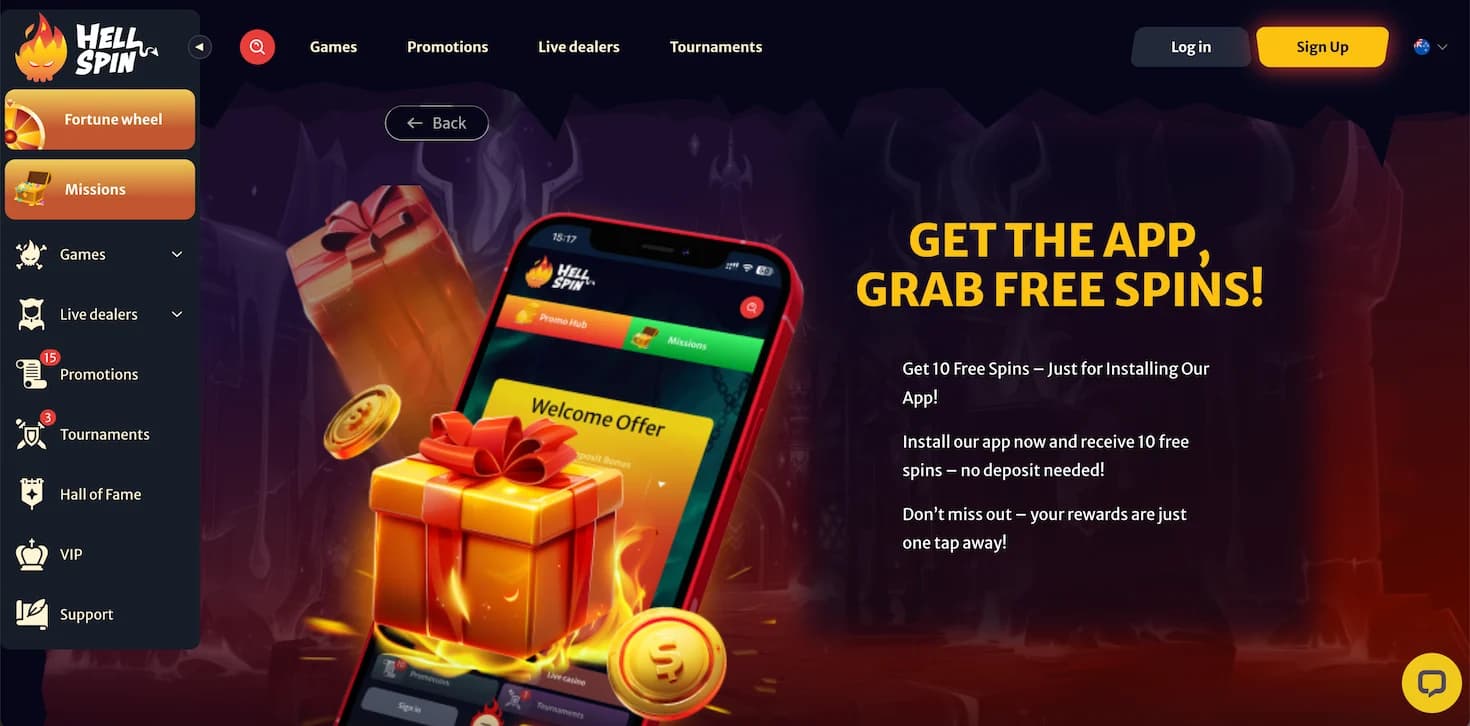 HellSpin Casino mobile app welcome banner showing bonus offer for New Zealand players