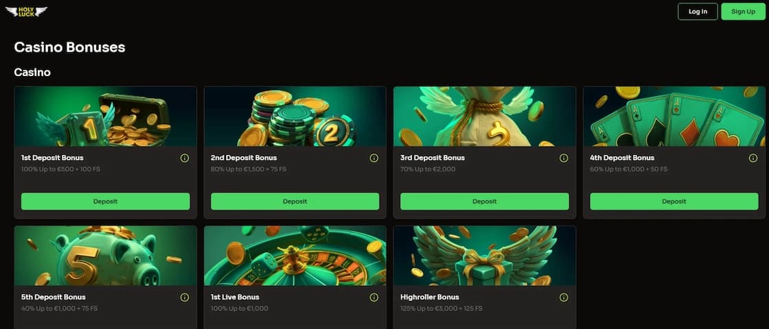 Holyluck Casino Promotions page showing all active bonus offers for players
