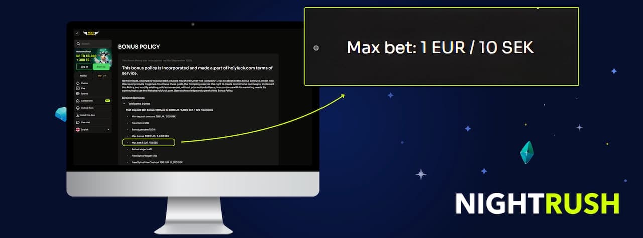 Holyluck Bonus Policy page with a highlighted callout showing the maximum bet rule of 1 EUR or 10 SEK