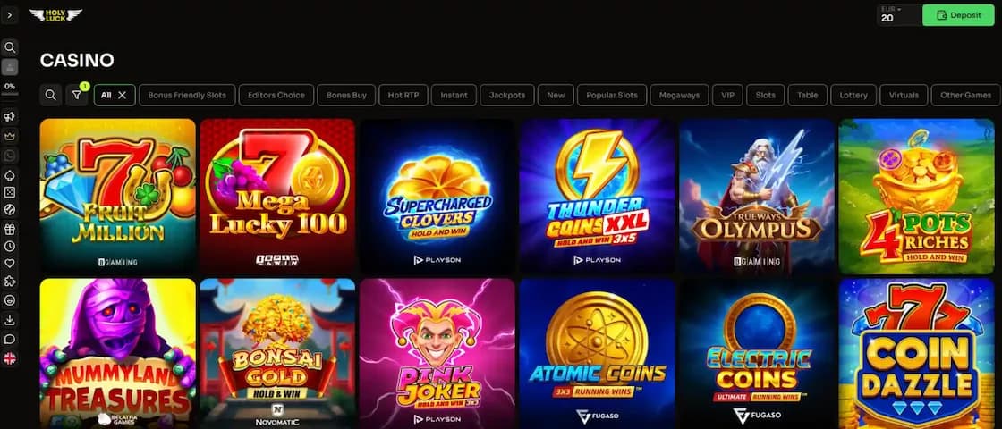 Overview screenshot of the Holyluck Casino game lobby showing multiple categories and titles