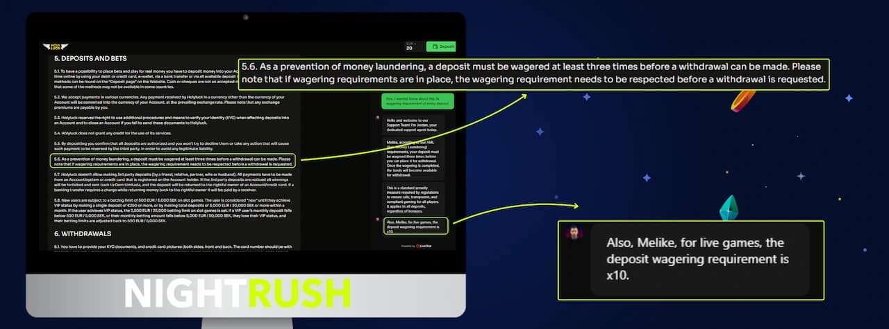 HolyLuck Deposits and Bets terms displayed on a monitor with two highlighted callout boxes