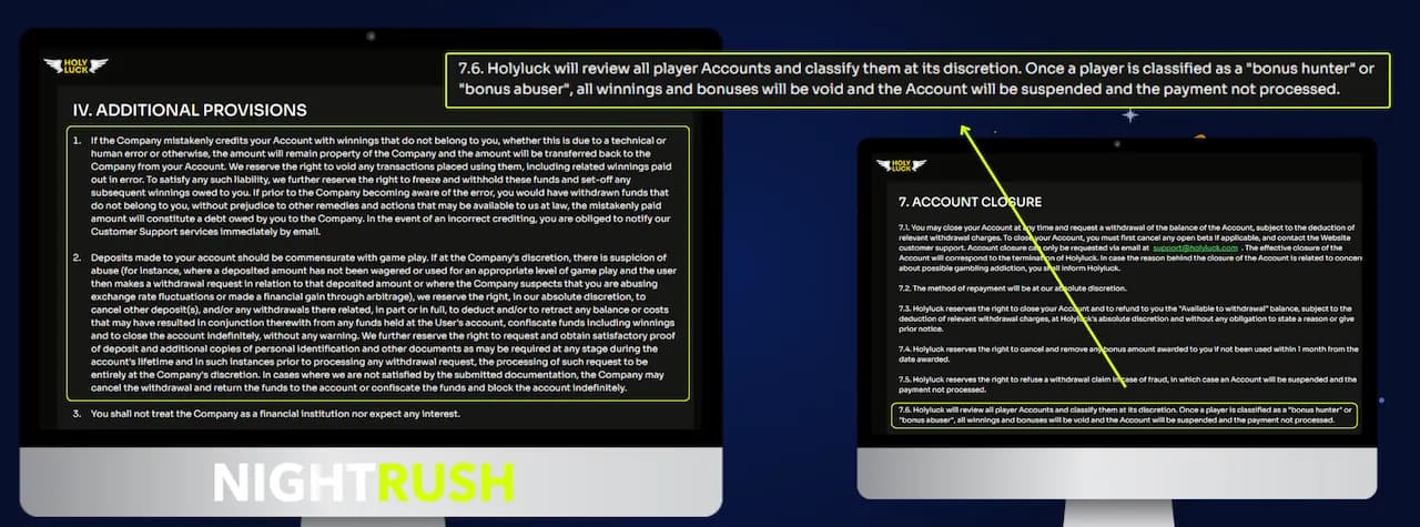 Monitor displaying HolyLuck T&C page with section 7.6 highlighted in a callout box