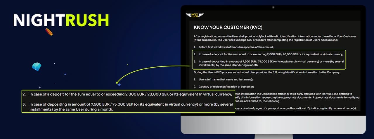 Monitor displaying HolyLuck KYC policy page with sections 2 and 3 highlighted in a callout box