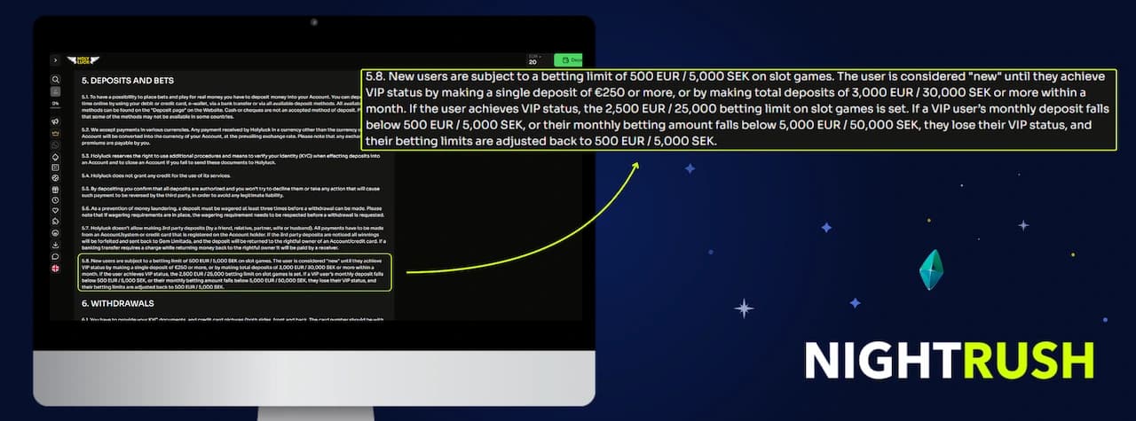Holyluck casino screen showing the Deposits and Bets section with section 5.8 highlighted in a callout box
