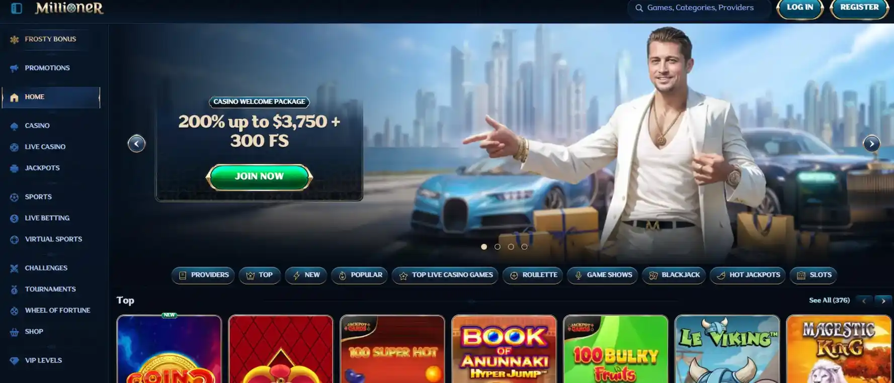 Millioner Casino homepage displayed on a desktop browser for Canadian players