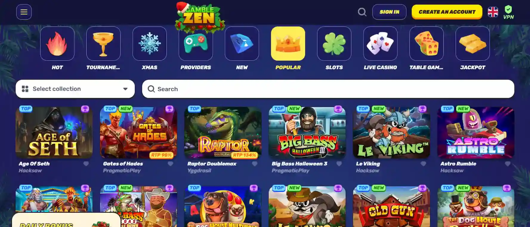 Screenshot showing the full game selection at Gamblezen Casino