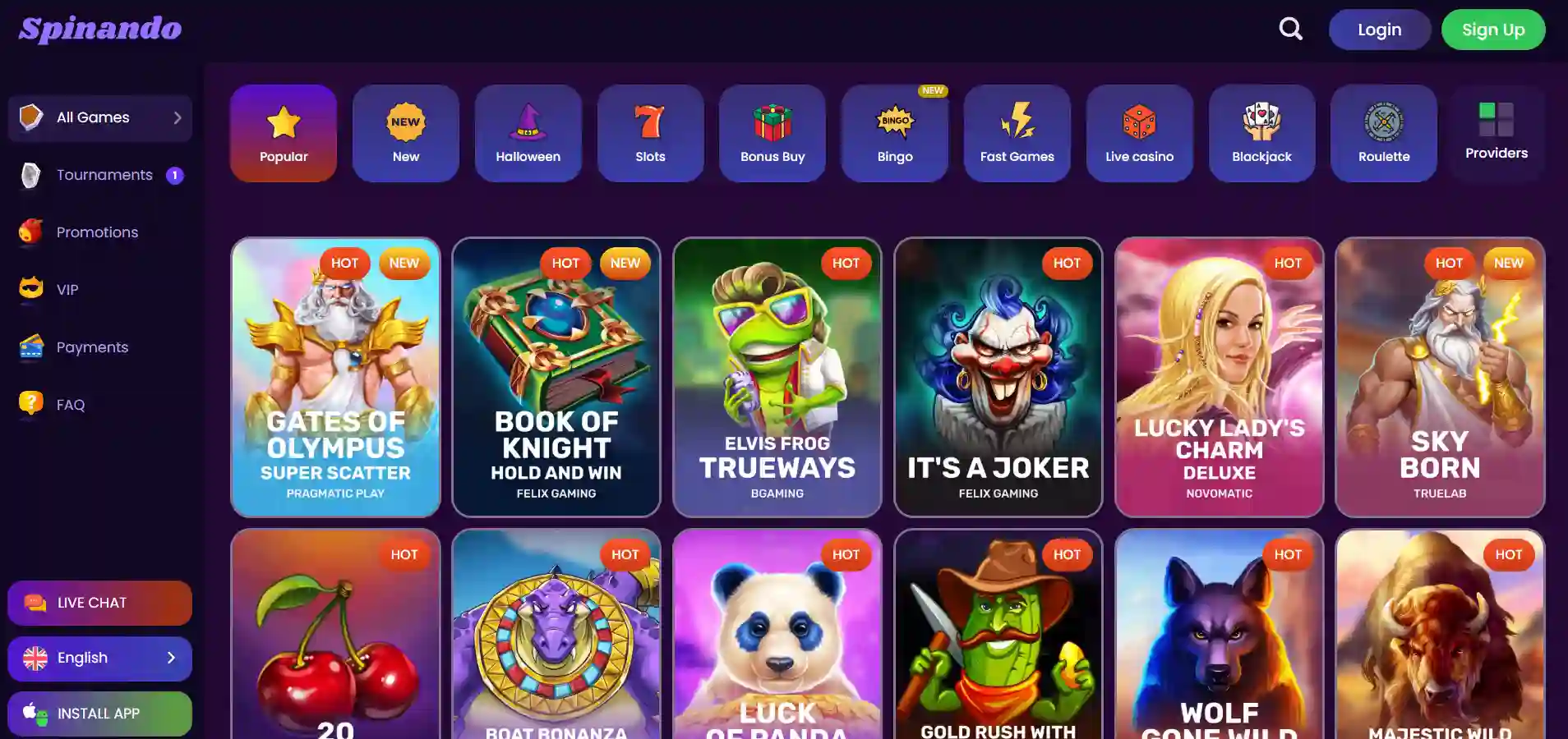 Spinando Casino game lobby showing a variety of game categories and menu options on a dark-themed interface.