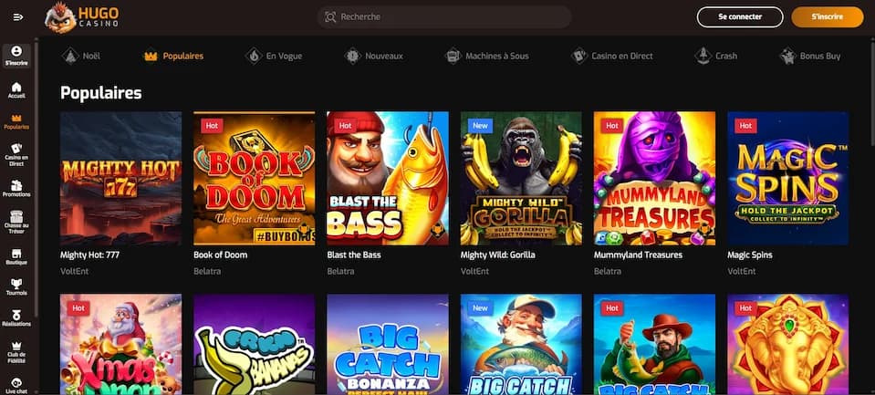 Sélection de machines à sous populaires sur Hugo Casino, incluant Book of Doom, Blast the Bass, Mighty Wild Gorilla et Magic Spins.