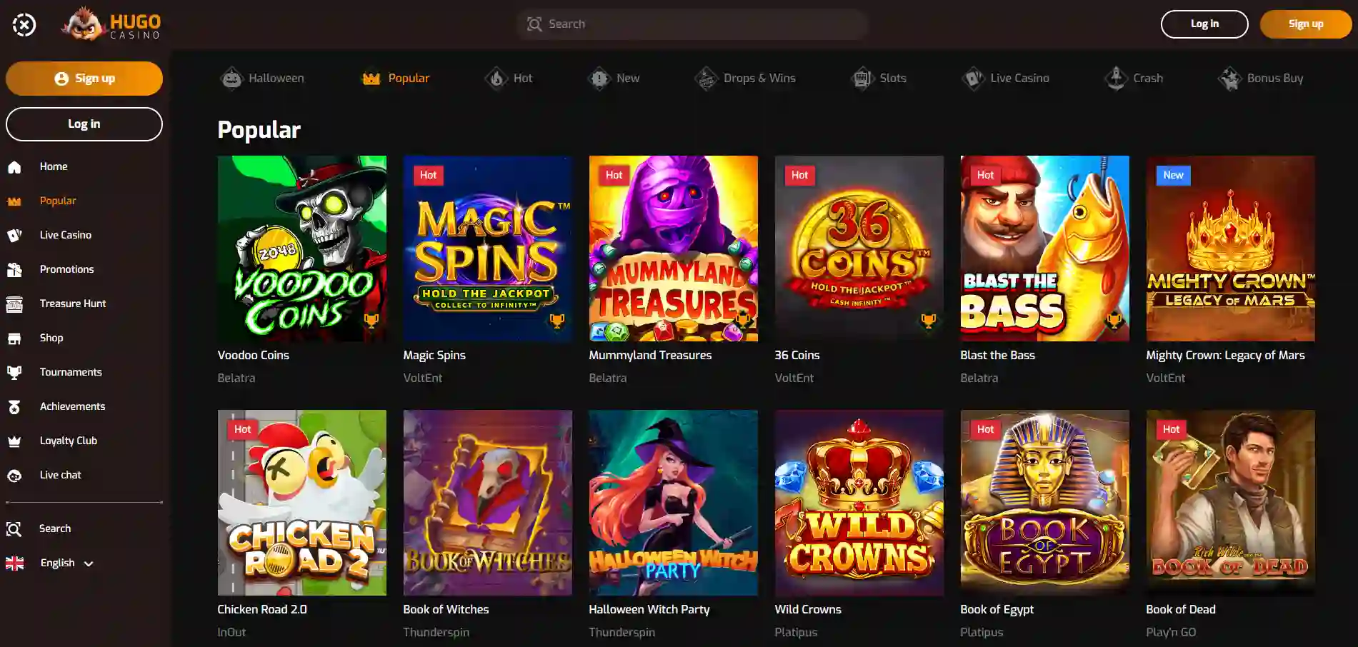 Hugo Casino slots lobby displaying a wide selection of available slot game titles.
