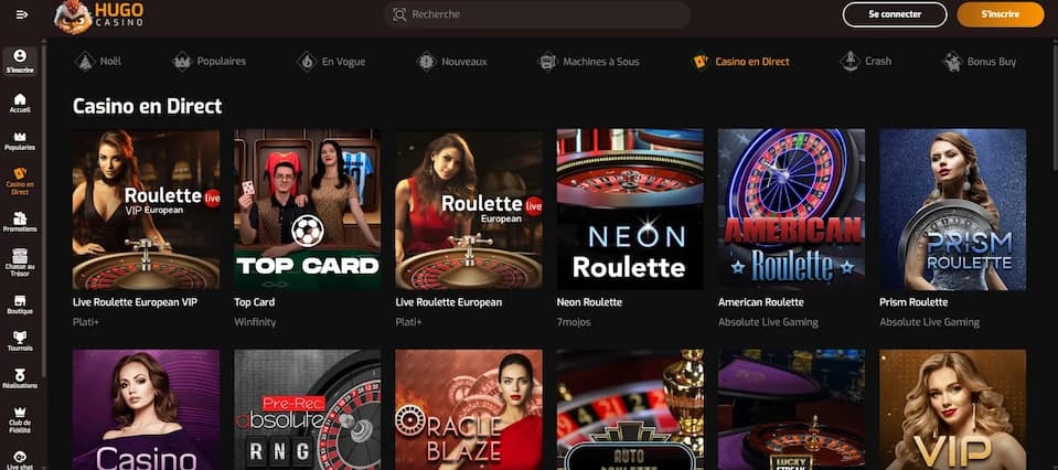 Section casino en direct de Hugo Casino avec tables de roulette européenne, américaine et VIP animées par des croupiers en temps réel.