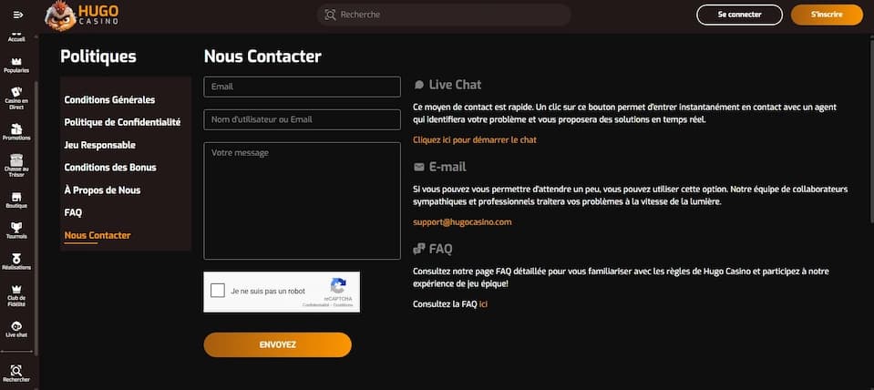 Page de contact de Hugo Casino avec formulaire, chat en direct, courriel du support et accès à la foire aux questions