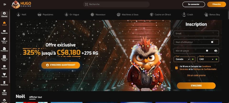 Page d'inscription Hugo Casino présentant l'offre de bienvenue pouvant atteindre 8 180 $ CAD et 275 tours gratuits, avec formulaire en dollars canadiens.