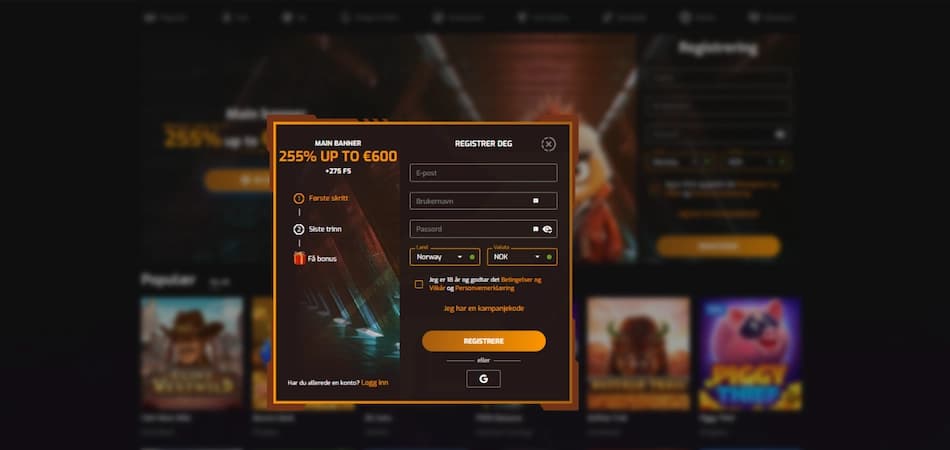 Hugo Casino sin hjemmeside med uglemaskotet og registreringsskjema synlig