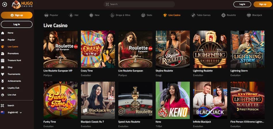 Hugo Casino live dealer games lobby for NZ players