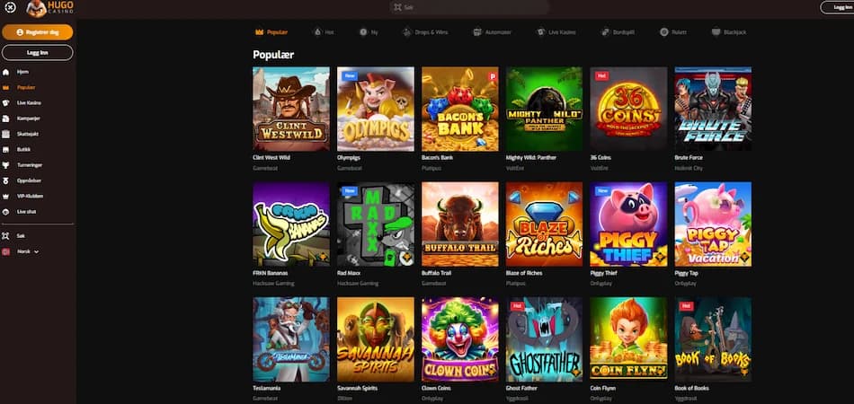 Oversikt over Hugo Casinos spillbibliotek med titler som Olympigs og Teslamania