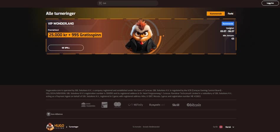 Hugo Casino sine aktive turneringer med ledertavle og premiepotter