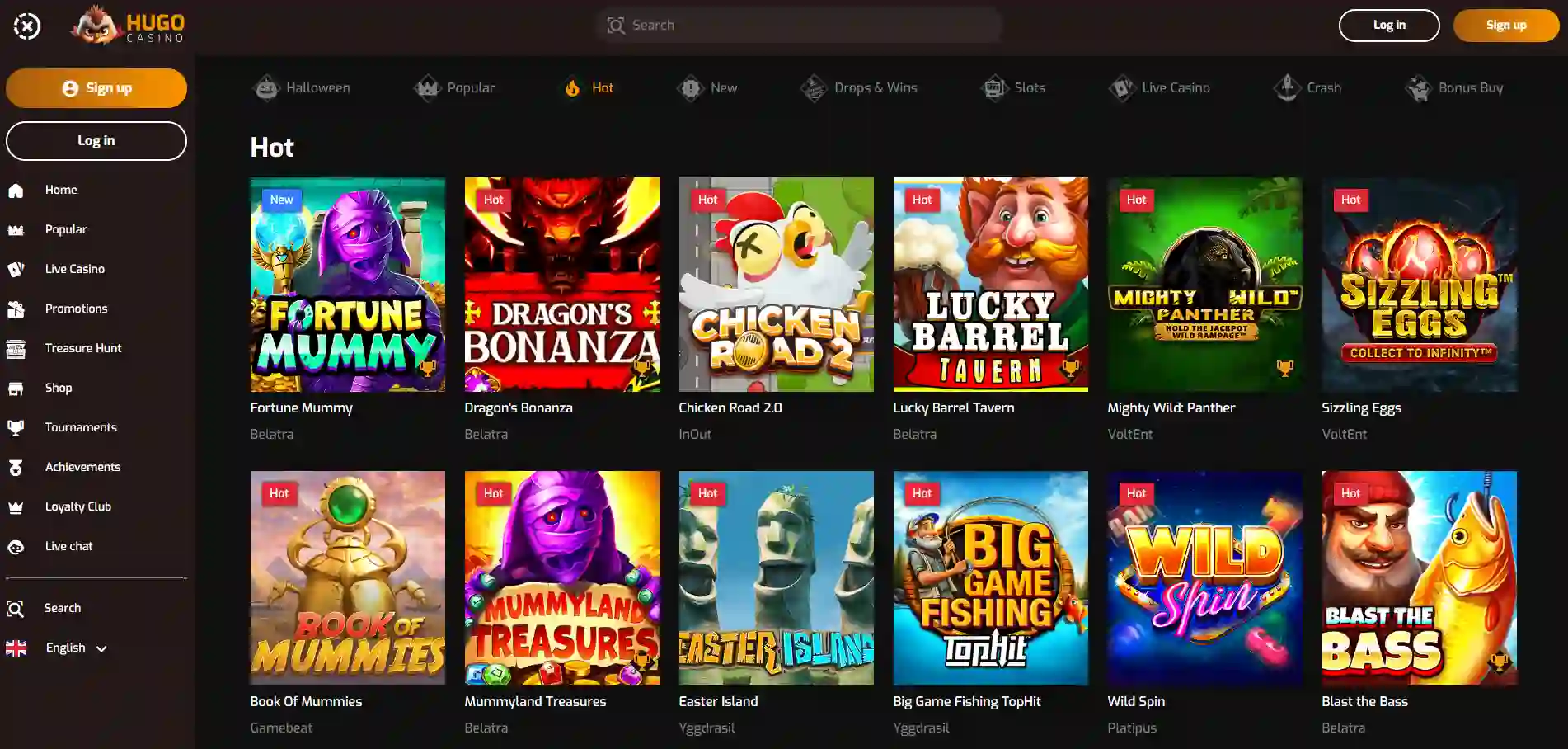 Hugo Casino slots lobby showcasing top slot game titles