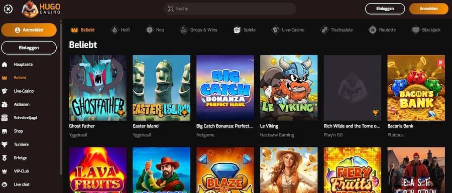 Spielautomaten-Auswahl bei Hugo Casino