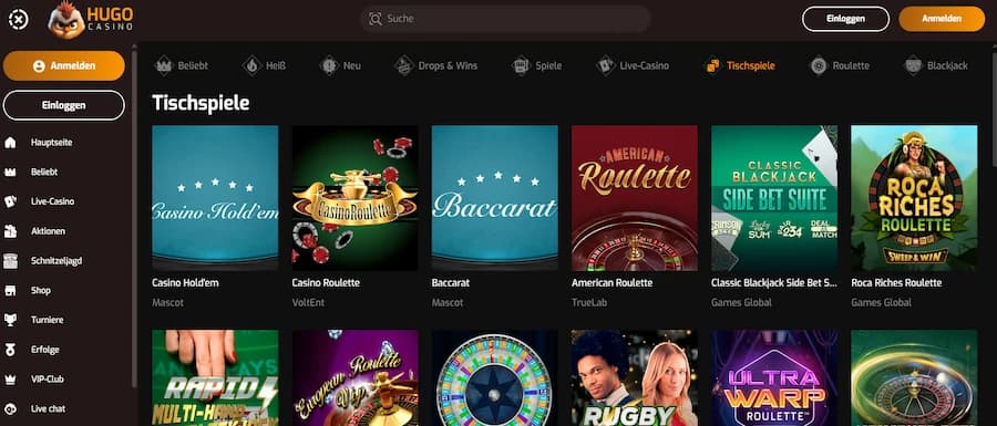 Tischspiele im Hugo Casino