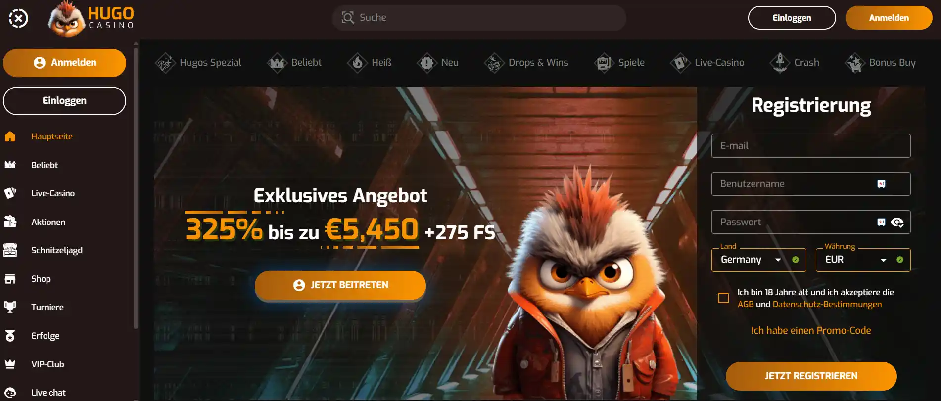 Hugo Casino Startseite mit dem exklusiven Willkommensangebot für österreichische Spieler