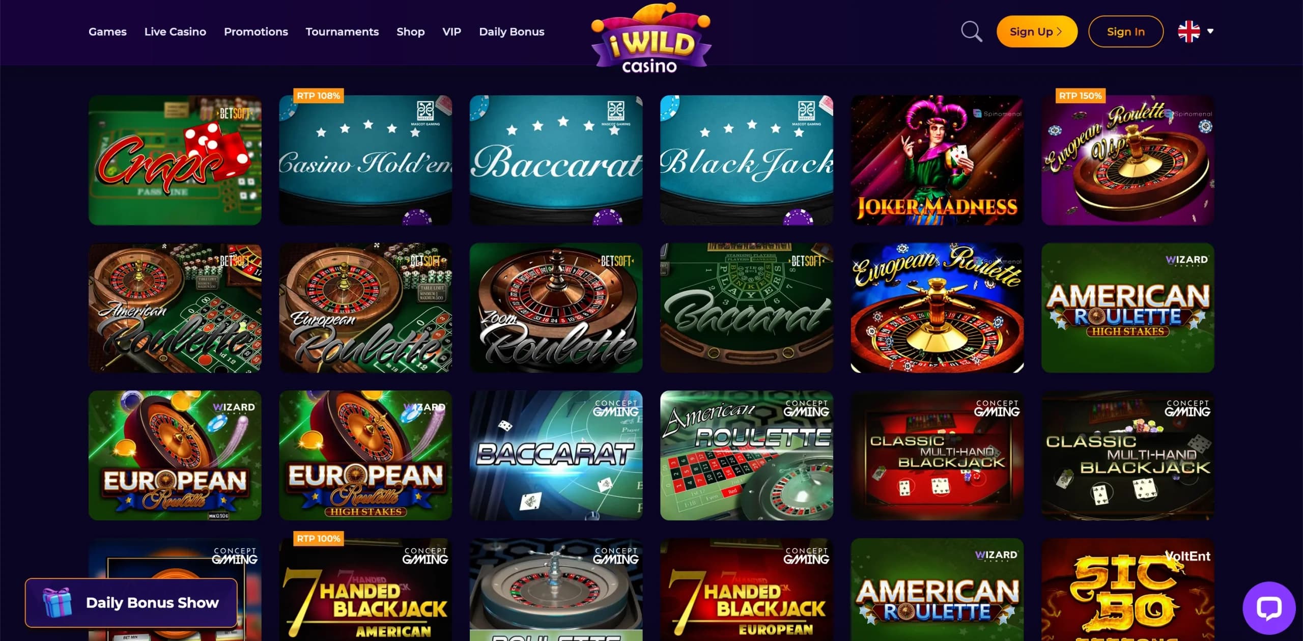 iWild Casino table games section featuring blackjack, roulette, baccarat, and poker variants