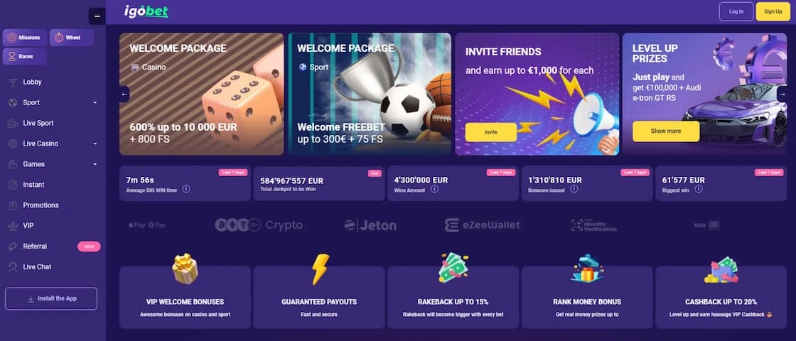 IgoBet casino homepage showing the main lobby and navigation