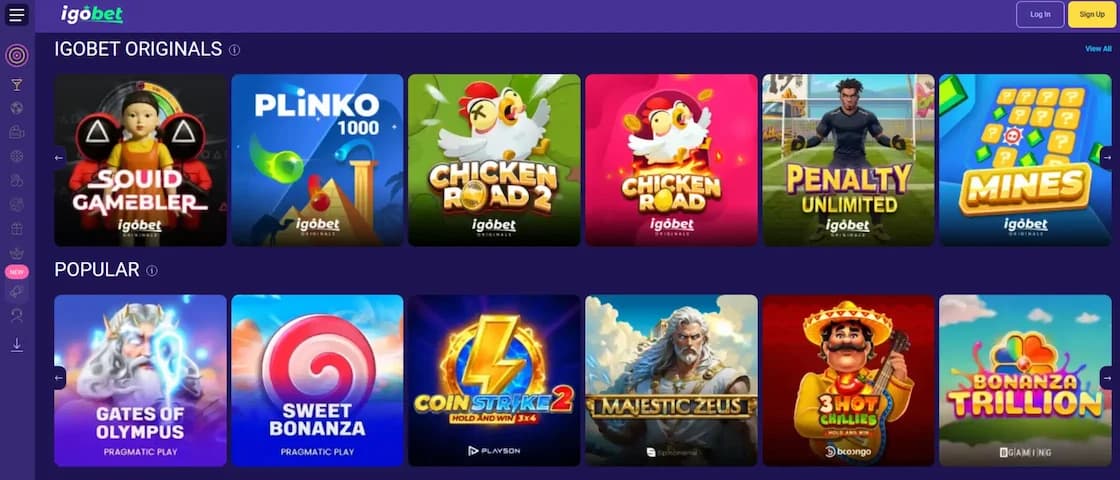 IgoBet Casino game lobby showing a wide selection of titles