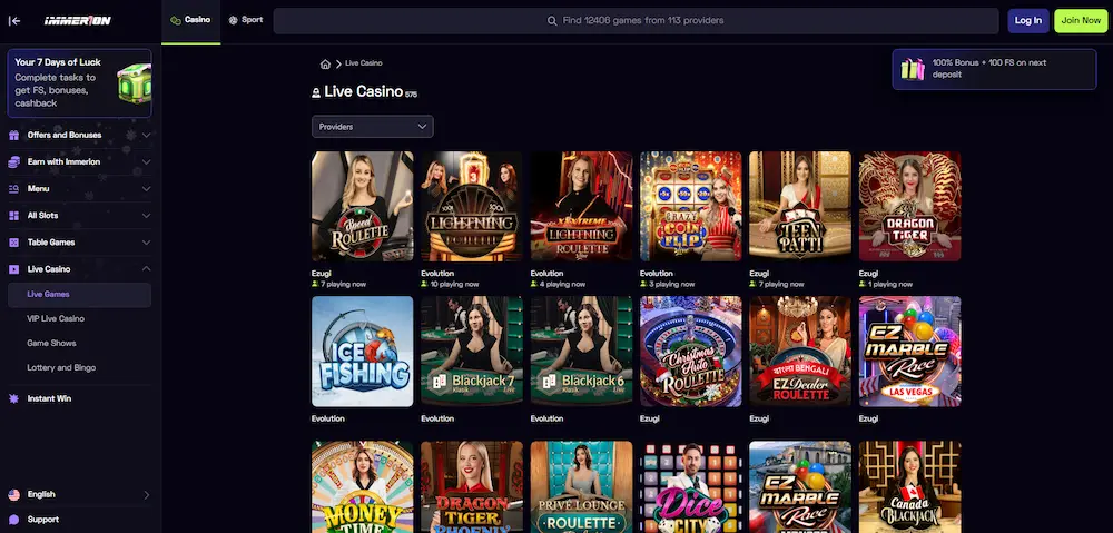 Immerion Casino live dealer games lobby page