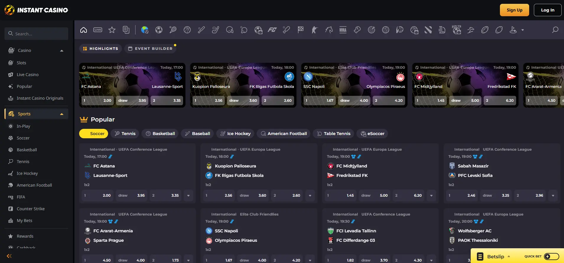 Instant Casino full game lobby showing slots and live dealer categories