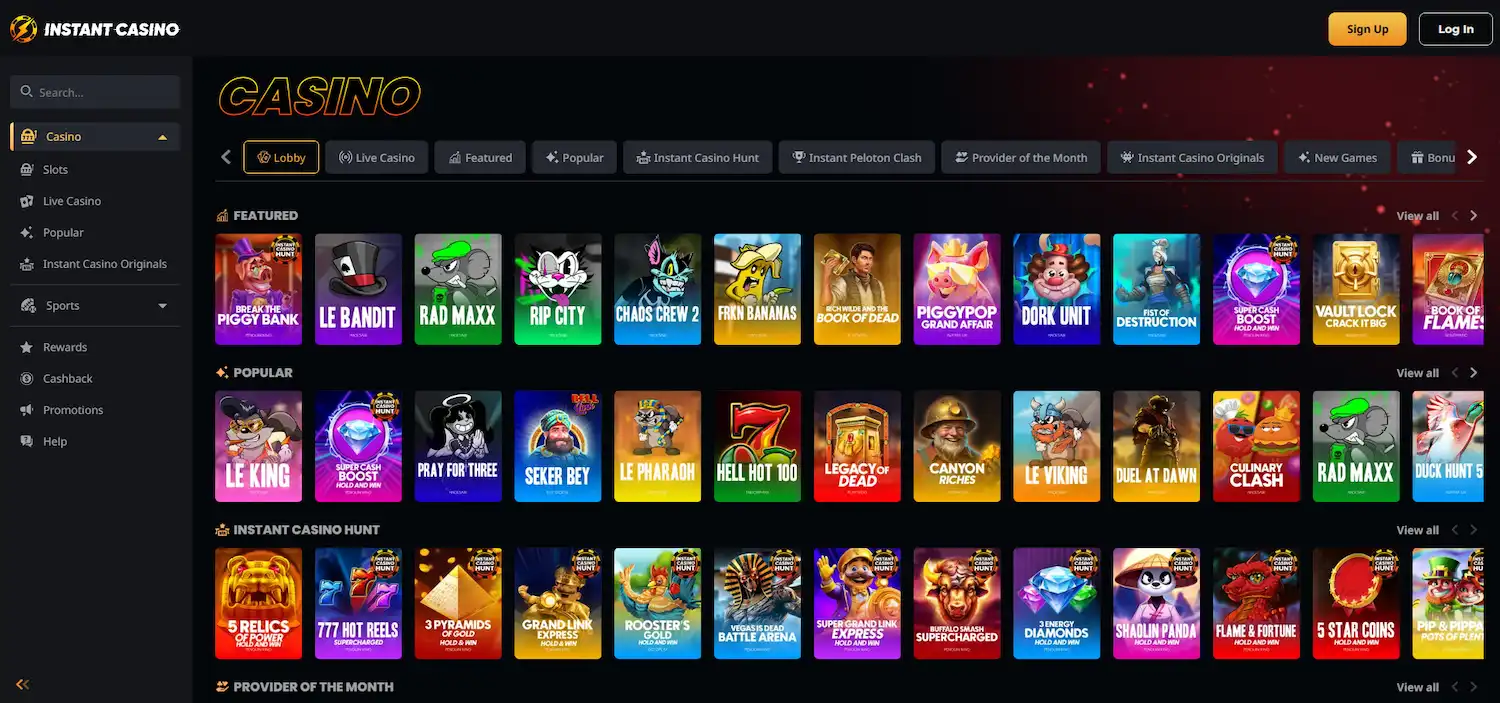 Instant Casino full game lobby showing slots and table games