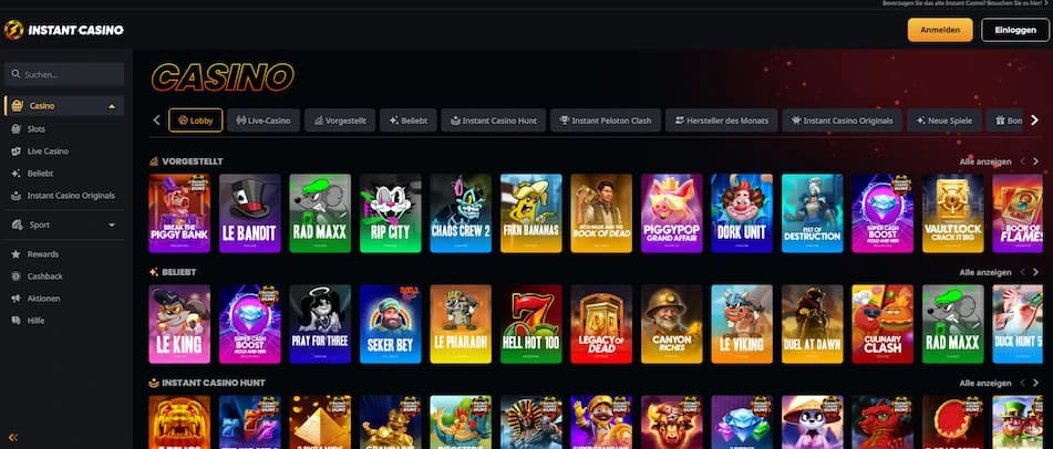 Spieleübersicht auf der Instant Casino Webseite.