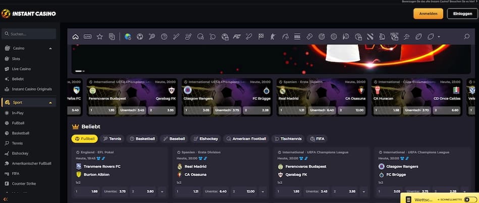 Instant Casino Sportwetten-Bereich mit Live-Wettoptionen