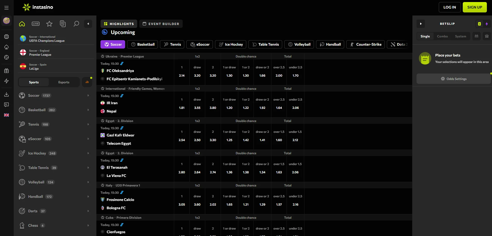 Instasino Casino sportsbook and sports betting interface