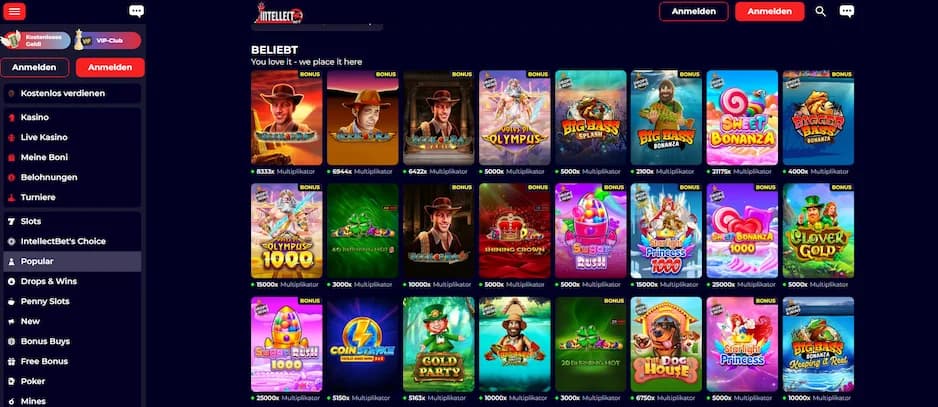 Ein Screenshot der 'BELIEBT'-Sektion im IntellectBet Casino.