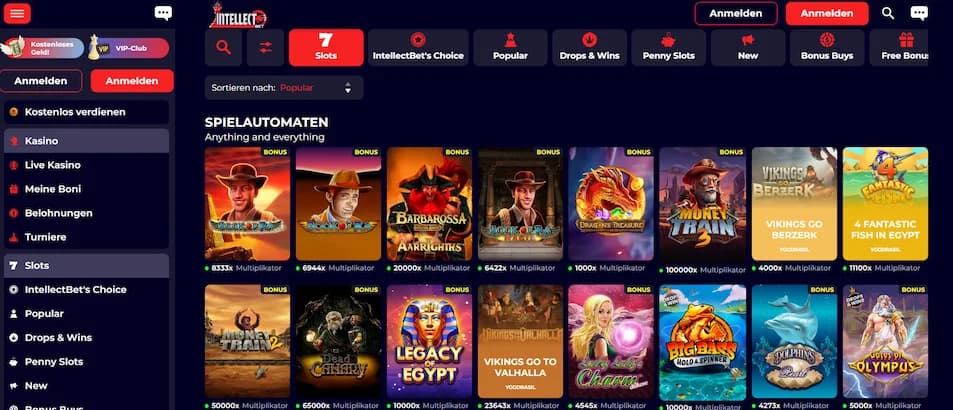 IntellectBet Casino Startseite mit Spielauswahl und Bonusangeboten