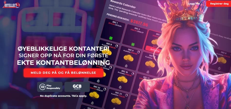 IntellectBet registreringsskjema med blond kvinne med krone til venstre