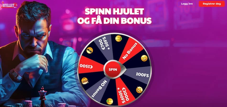 IntellectBet bonushjul med mann i dress mot lilla bakgrunn