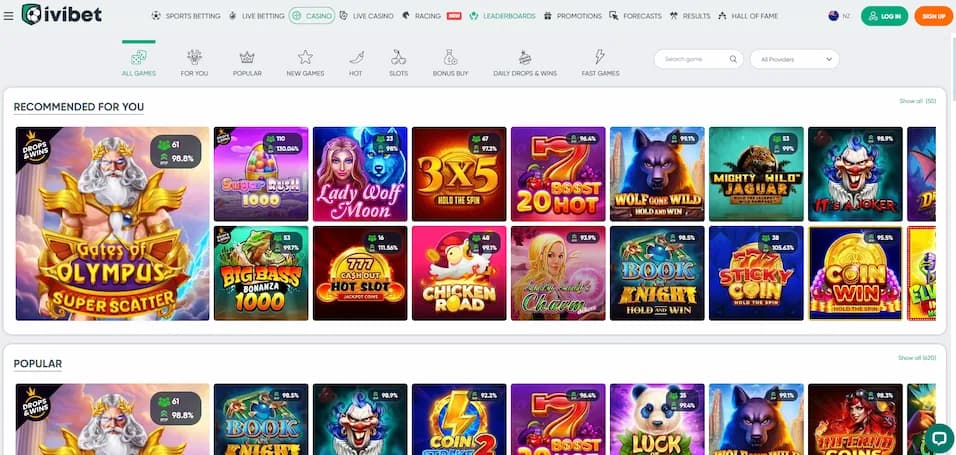 Ivibet Casino lobby showing a wide range of pokies and table games available to New Zealand players
