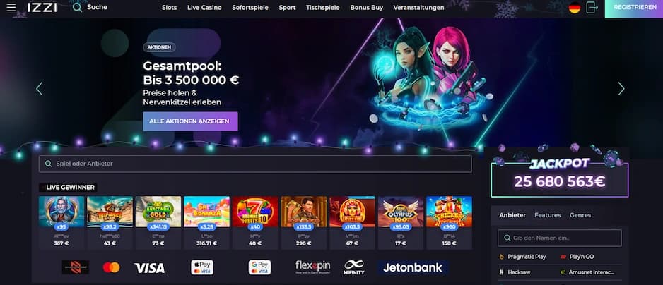 IZZI Casino Startseite mit Spielauswahl, Jackpot-Anzeige und aktuellen Bonusangeboten