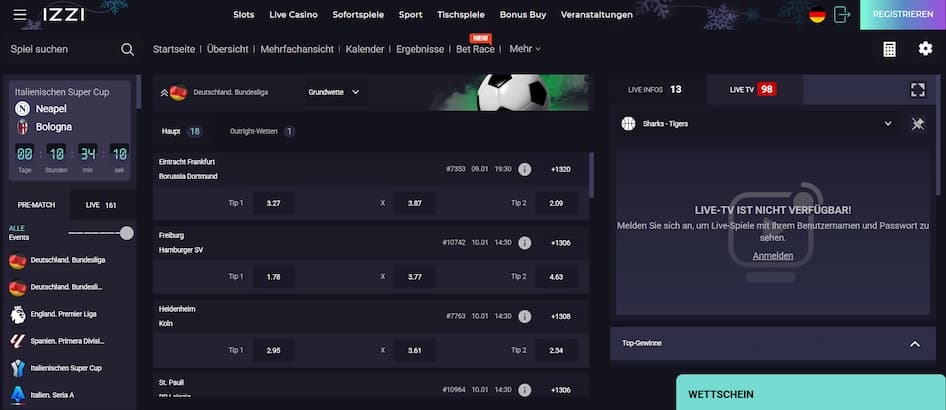 Sportwetten und Live-Wetten Bereich bei IZZI Casino