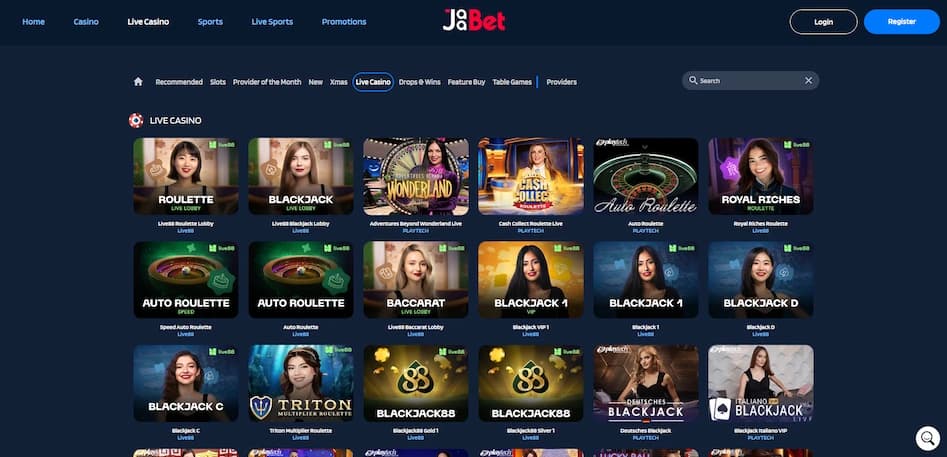 JaaBet Casino game lobby showing live casino and slot categories