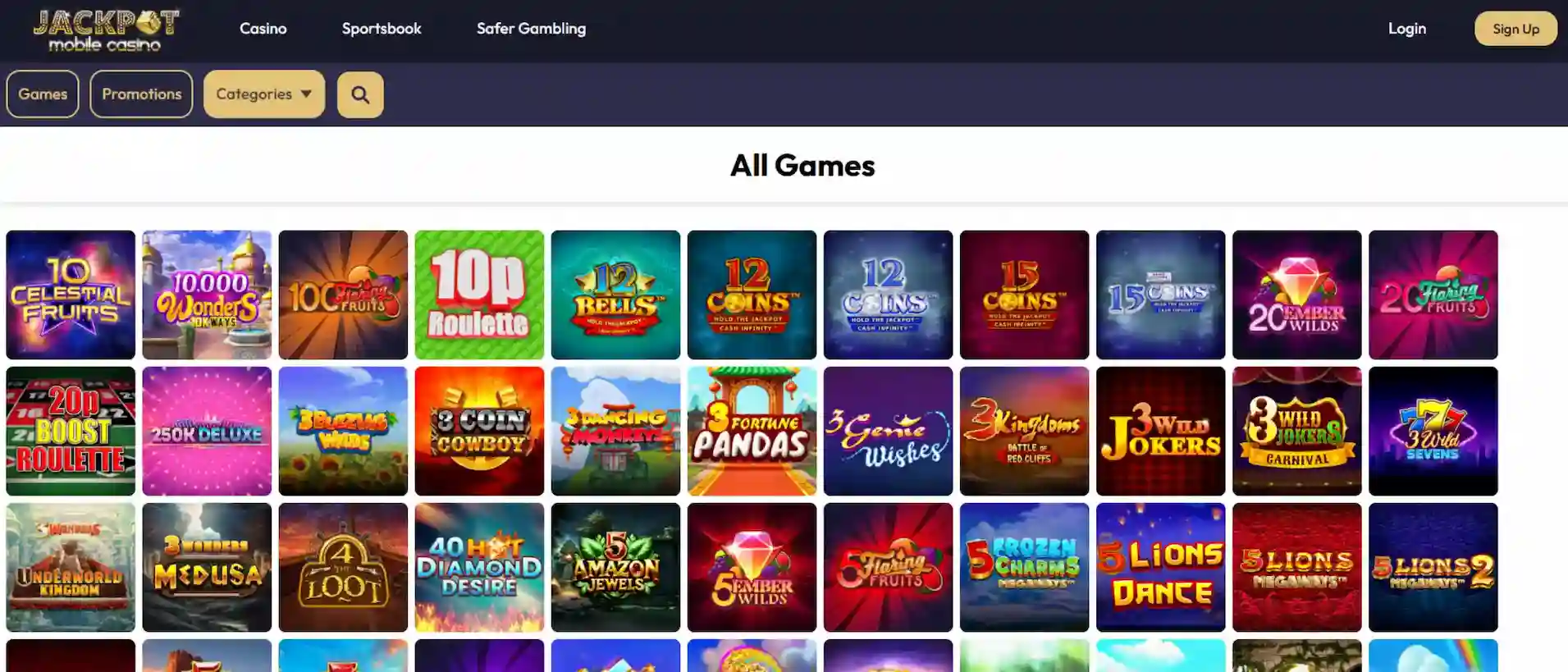 Jackpot Mobile Casino full game library overview showing slots, table games, and live dealer titles