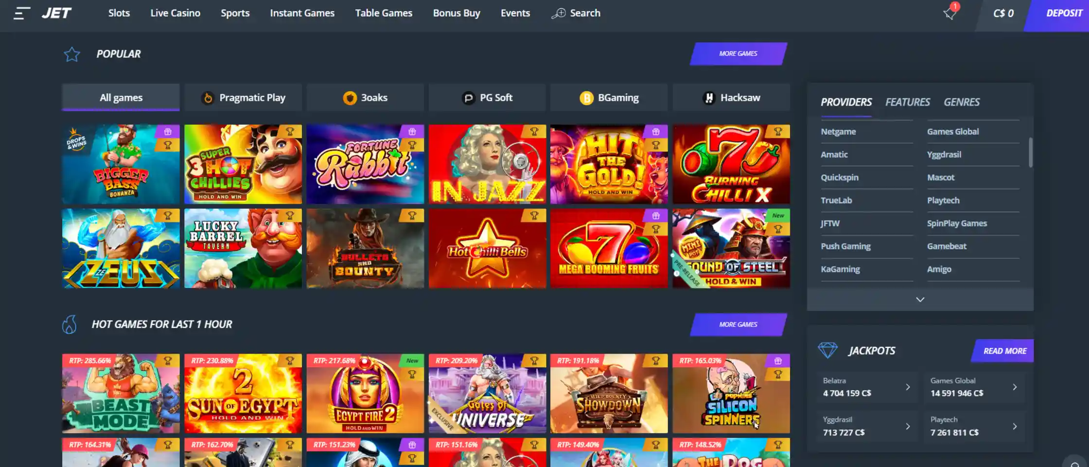 Jet Casino game library showcasing available titles for Canadian players