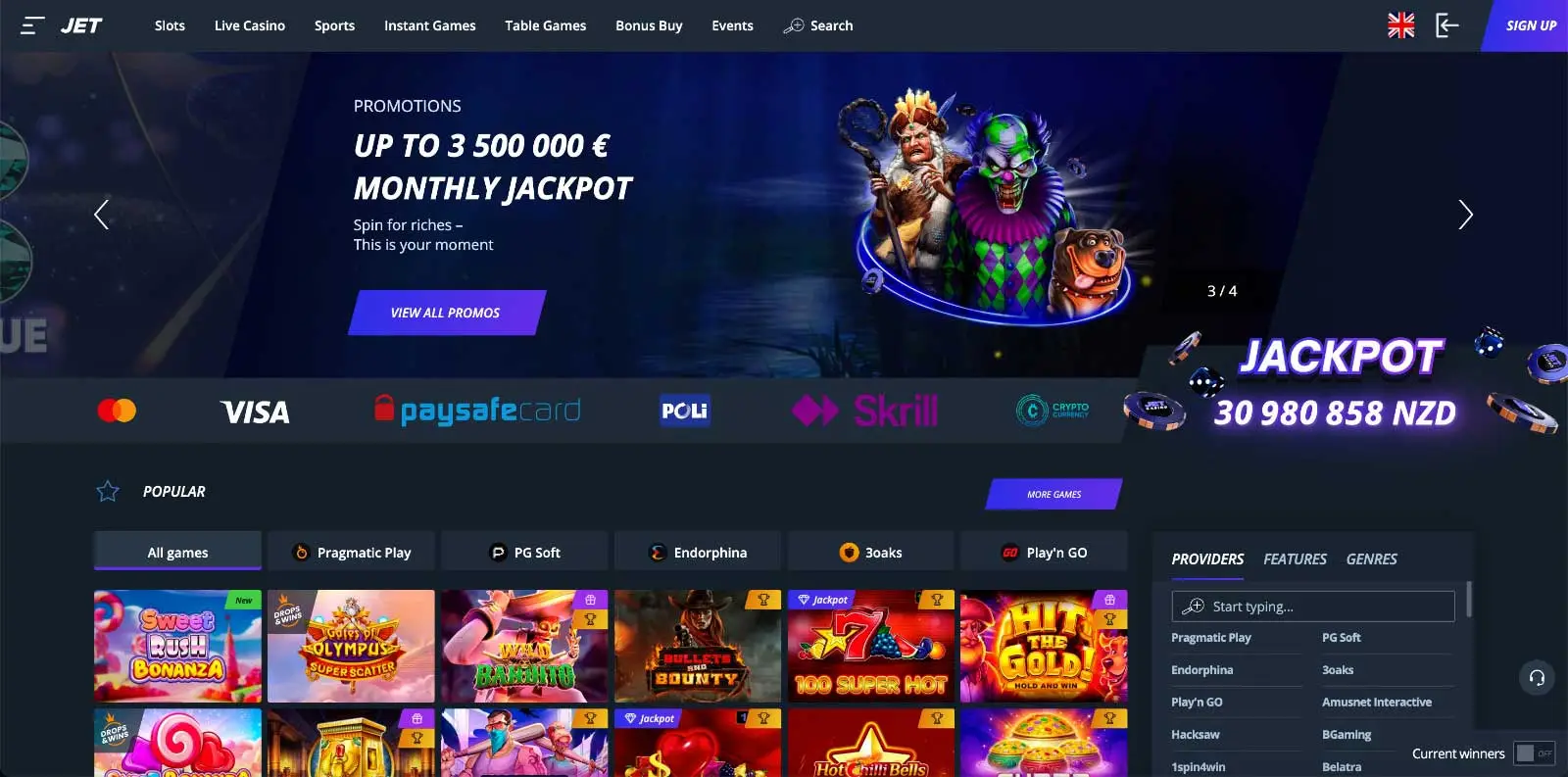 Jet Casino homepage showing the main lobby for New Zealand players
