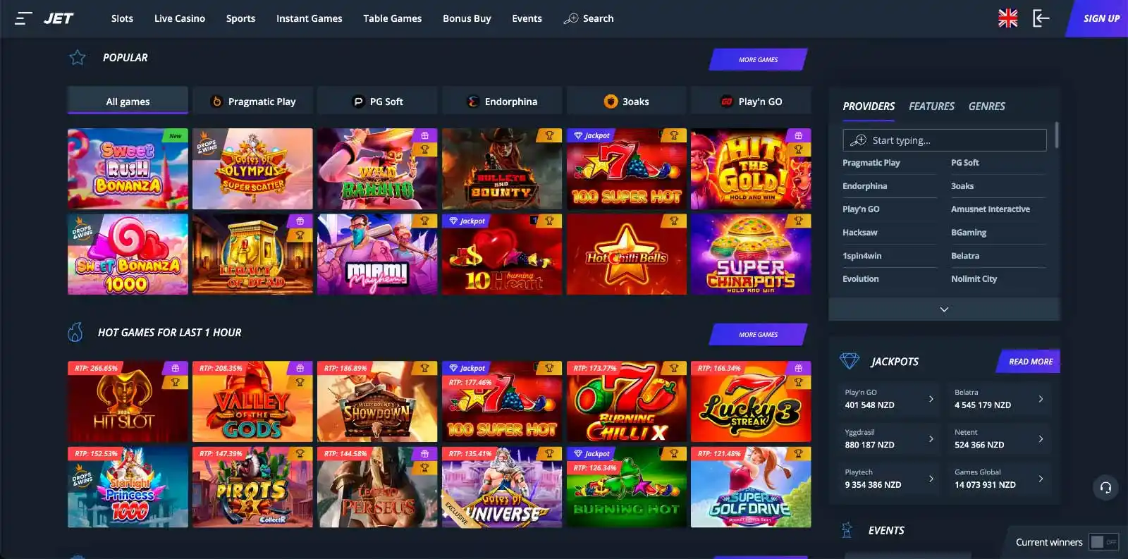 Jet Casino game library showing pokies and table game categories