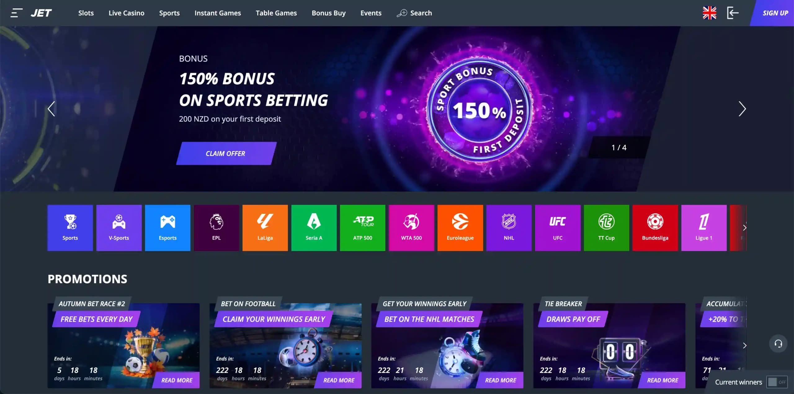 Jet Casino sportsbook interface showing live betting markets