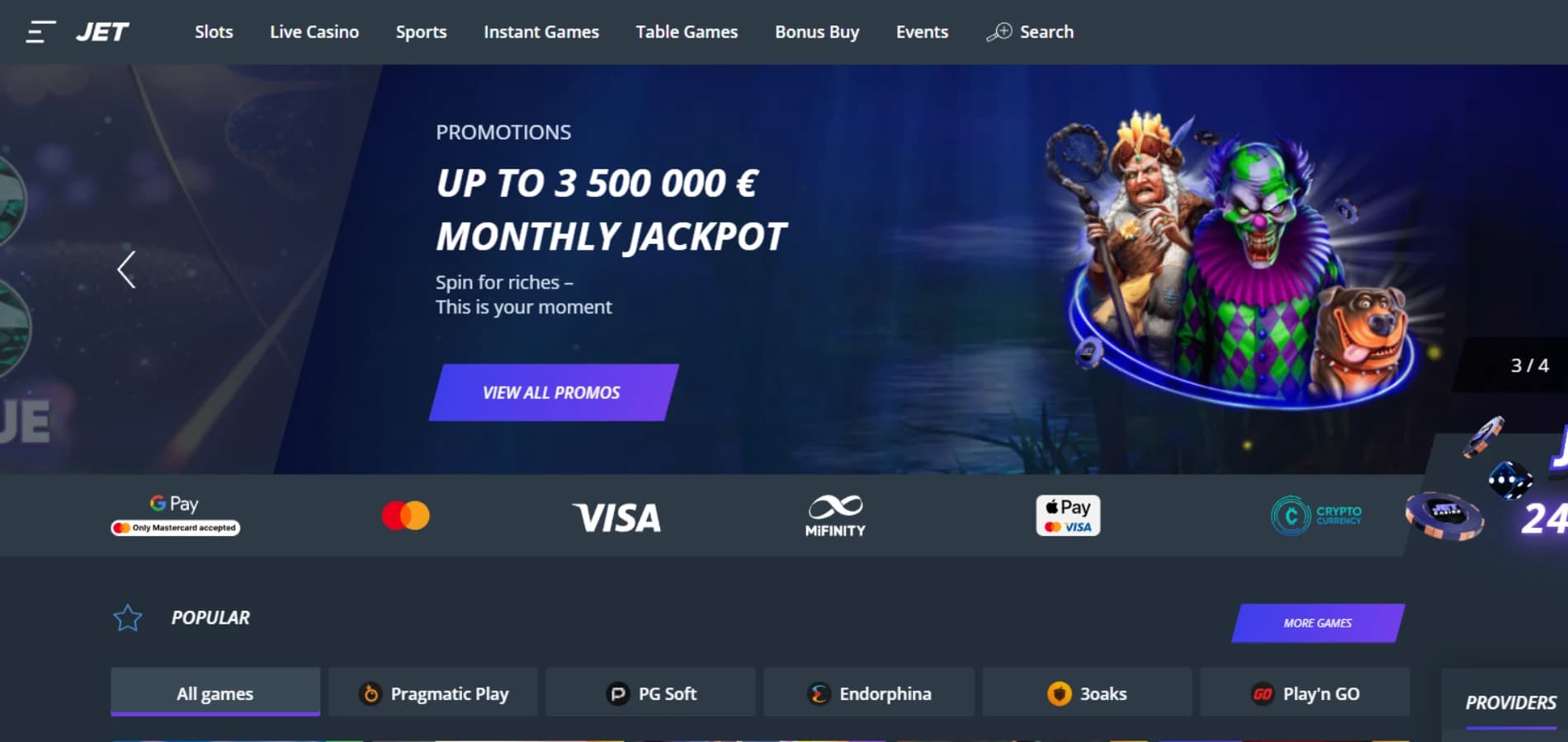 Jet Casino sin hjemmeside med velkomstbonus og oversikt over spilleverandører