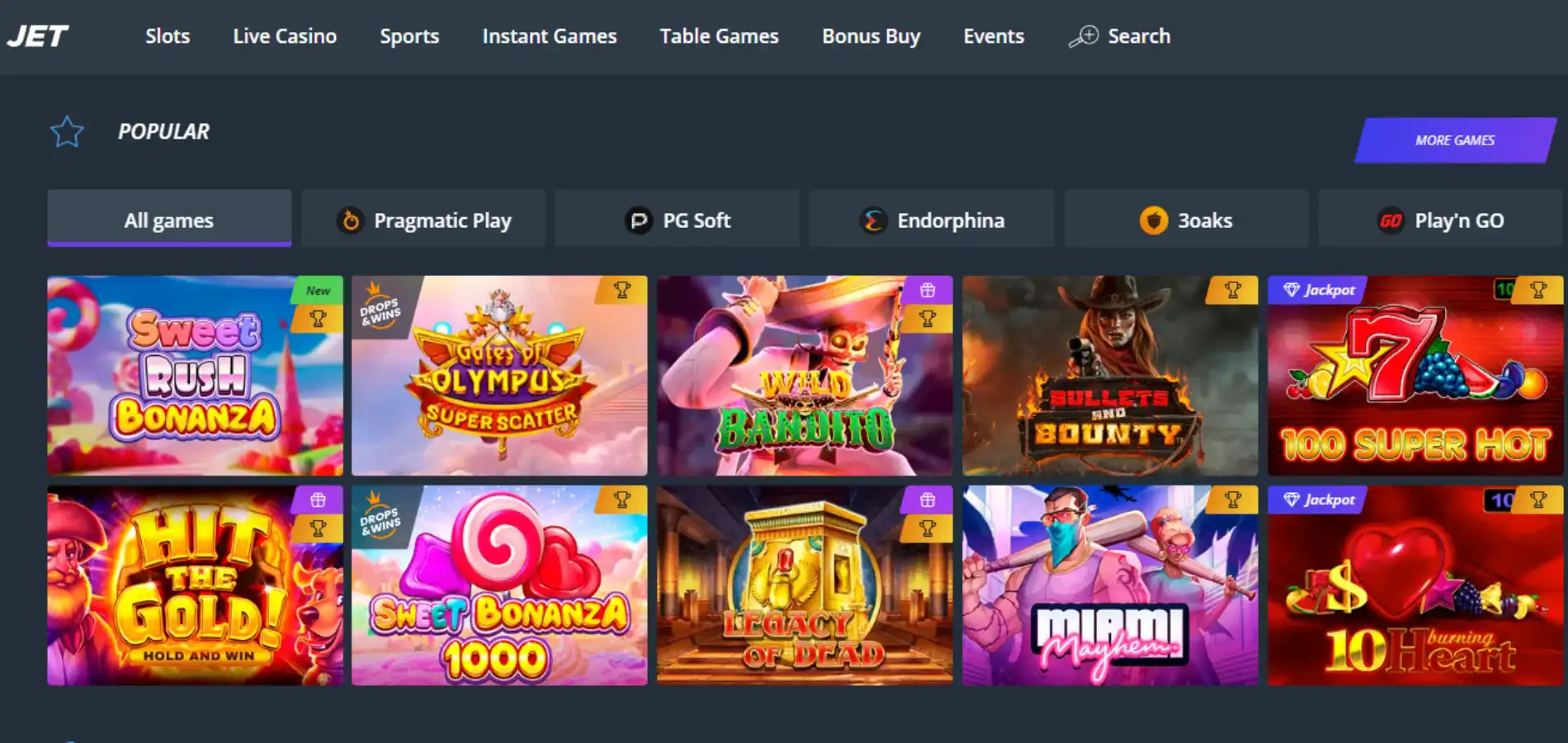 Oversikt over de mest populære spilleautomatene tilgjengelig på Jet Casino